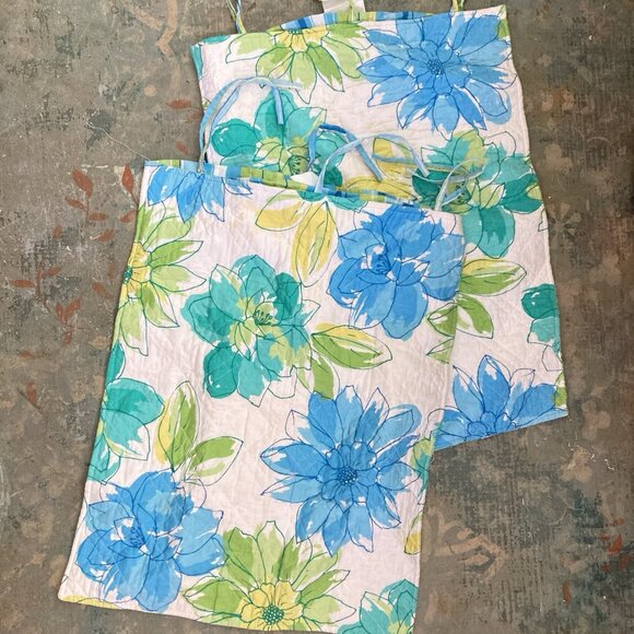 VTG Standard Shams 2 Bed Pillow Cases Beachy Cottage Blue Green Stripe Floral - Picture 1 of 5